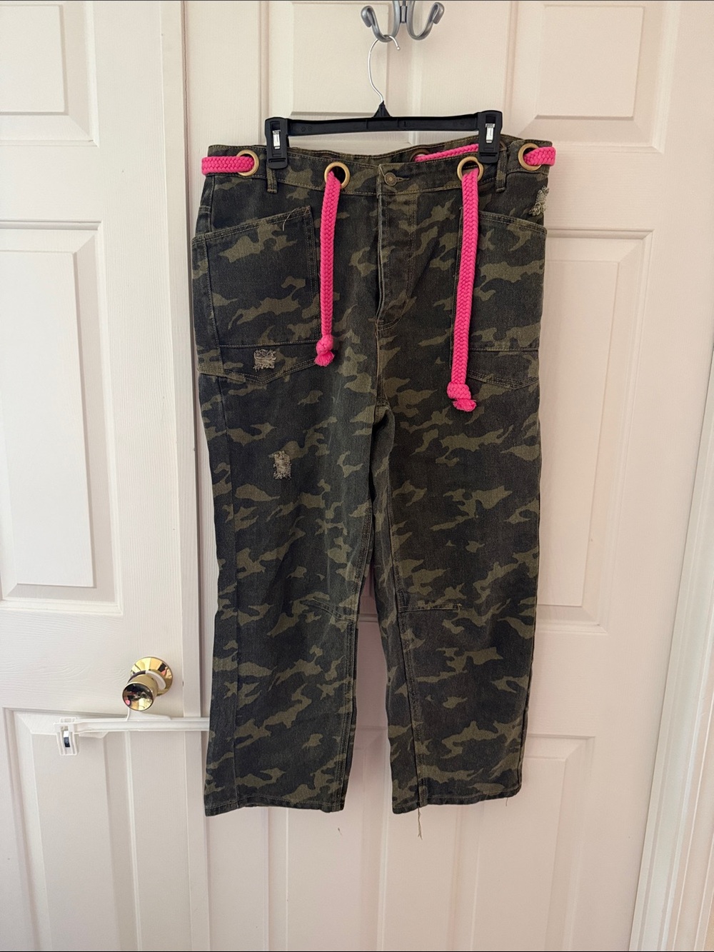 BiBi Green Camo Jeans with Hot Pink Drawstring